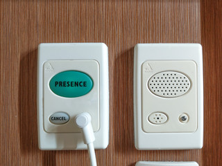 electronic background doorbell and speaker on wood wall in room