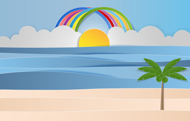 Fototapeta na wymiar Landscape of sea, sand, sun, sky with rainbow and coconut, Summer time, Paper art style