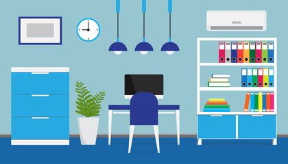 Flat design of modern workspace, office interior, vector illustration