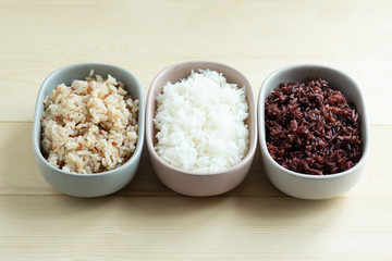 Three kinds of cooked rice in ceramic bowl