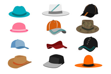 Hats of  set. Col lection of various types of hats on white background - obrazy, fototapety, plakaty