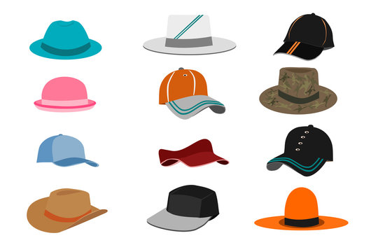Hats of  set. Col lection of various types of hats on white background