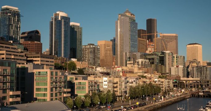 Hyperlapse of skyline and waterfront on a sunny day in Seattle Washington