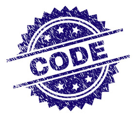 CODE stamp seal watermark with distress style. Blue vector rubber print of CODE label with grunge texture.