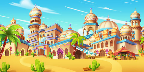 My Small City Scene, Desert City. Video Game Digital CG Artwork, Concept Illustration, Realistic Cartoon Style Scene Background Design
