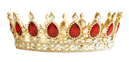 Golden crown with red and white diamonds.  Gold tiara for princess. Expensive jewelry. Decoration for king or queen, magic crown isolated on white background, close up - obrazy, fototapety, plakaty