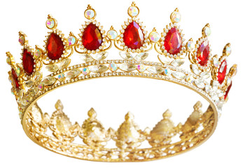 Golden crown with red and white diamonds.  Gold tiara for princess. Expensive jewelry. Decoration...
