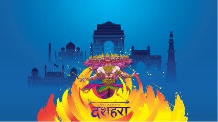 vector illustration of Lord Rama killing Ravana in Happy Dussehra Navratri poster festival of India. translation : dussehra - obrazy, fototapety, plakaty