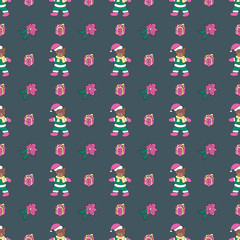 Christmass bear with hat, gift flower seamless pattern