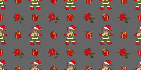 Christmass bear with hat, gift flower seamless pattern