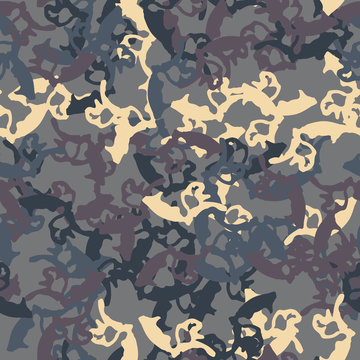 UFO military camouflage seamless pattern in different shades of beige, purple and different shades of blue colors