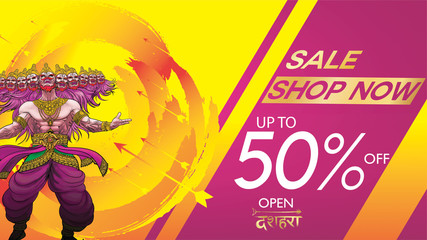 Dussehra Mega Sale with Special Discount Offers promotion advertisement, Creative website header or banner set, Angry ten headed Ravana Face and Lord Rama, Indian Festival concept.