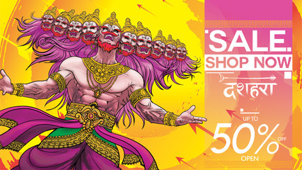 Dussehra Mega Sale with Special Discount Offers promotion advertisement, Creative website header or banner set, Angry ten headed Ravana Face and Lord Rama, Indian Festival concept.