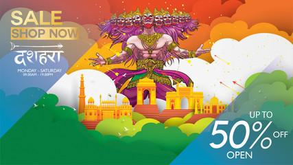 Dussehra Mega Sale with Special Discount Offers promotion advertisement, Creative website header or banner set, Angry ten headed Ravana Face and Lord Rama, Indian Festival concept.