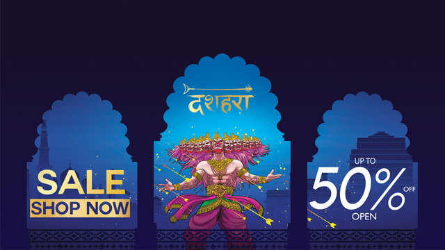 Dussehra Mega Sale with Special Discount Offers promotion advertisement, Creative website header or banner set, Angry ten headed Ravana Face and Lord Rama, Indian Festival concept.
