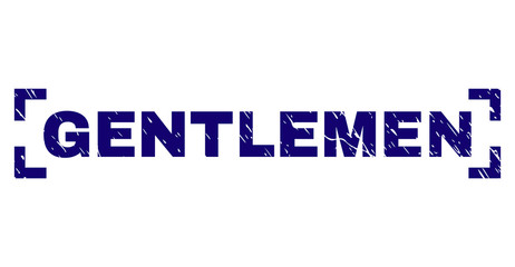 GENTLEMEN caption seal print with corroded texture. Text caption is placed between corners. Blue vector rubber print of GENTLEMEN with dust texture.