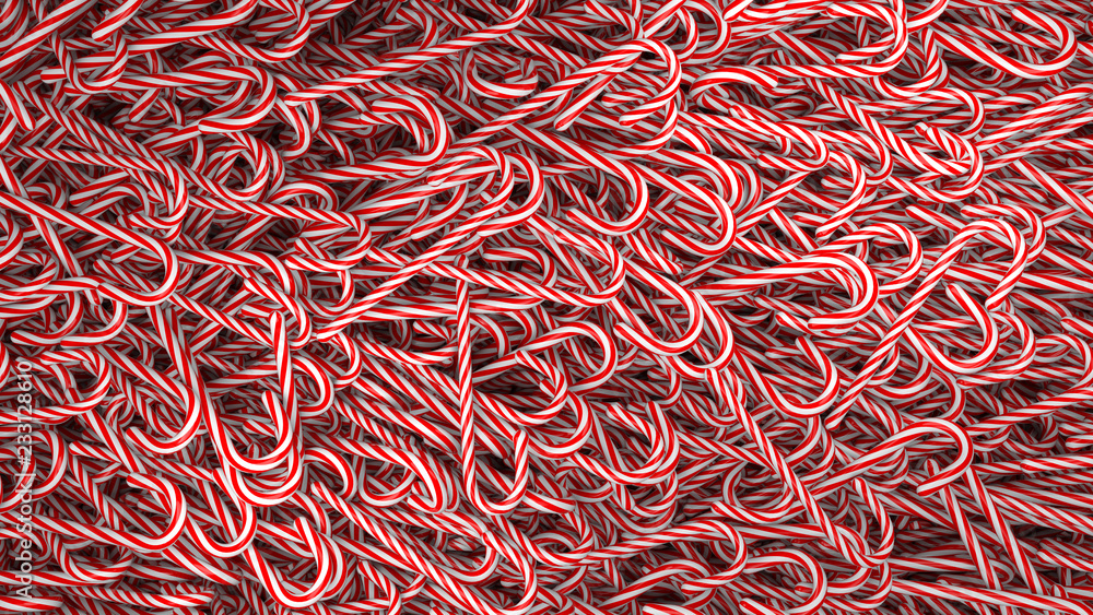 Aufkleber 3d render abstract background with christmas candy canes. a lot of candy are lying on each other...