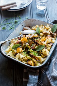 Autumnal noodle bake with pumpkin, mushrooms and sage