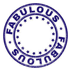 FABULOUS stamp seal watermark with grunge texture. Designed with circles and stars. Blue vector rubber print of FABULOUS caption with unclean texture.