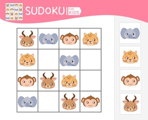 Sudoku game for children with pictures. Kids activity sheet. Cartoon head of cute animals.