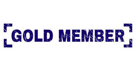GOLD MEMBER text seal imprint with corroded texture. Text label is placed between corners. Blue vector rubber print of GOLD MEMBER with dirty texture.