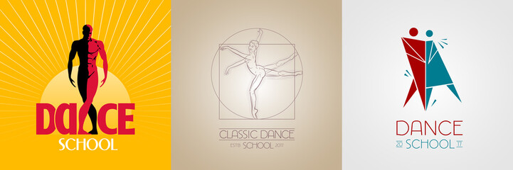 Naklejka premium Dance classes vector logo, symbol set. Silhouette of fit man