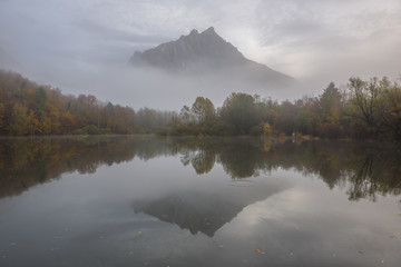 Mountain reflection in the fog