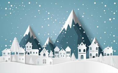Fototapeta na wymiar winter with homes and snowy paper art . beautiful scenery in the design vector