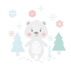 Bear baby winter print. Cute animal in snowy forest christmas card.
