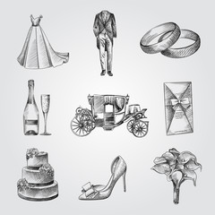 Hand Drawn Wedding elements Sketches Set. Collection Of champagne, shoe, Wedding Dress, Tuxedo, wedding cake, Bridal bouquet, rings. Vintage wedding Illustration isolated on white background.
