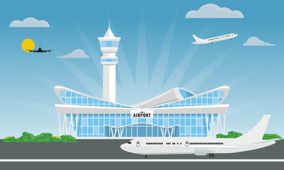 Cool modern airport building in flat and solid color style. Vector illustration.