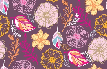 Poster Floral pattern background - hand drawn doodle flowers and leaves © jane55