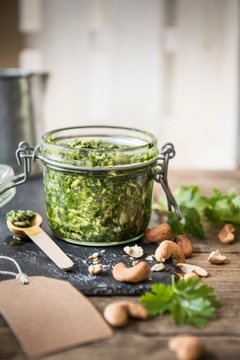A jar of coriander and cashew nut pesto