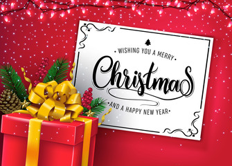 Elegant Merry Christmas and Happy New Year Typography Gold Color Greeting Message with Realistic Christmas 