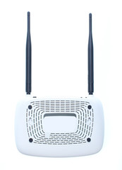 Two-antenna Wi fi router back side isolated on white background.