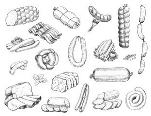Fotobehang Vector set of different meat products in sketch style. Sausages, ham, bacon, lard, salami © nafanya241
