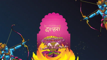 vector illustration of Lord Rama killing Ravana in Happy Dussehra Navratri poster festival of India. translation : dussehra
