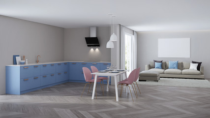Modern house interior. Blue Kitchen. 3D rendering.