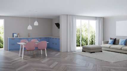 Modern house interior. Blue Kitchen. 3D rendering.