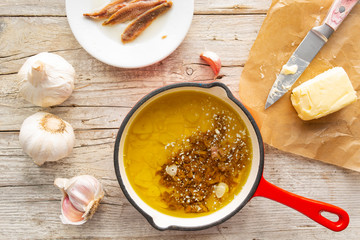 The ingredients for a traditional Italian dish bagna cauda.