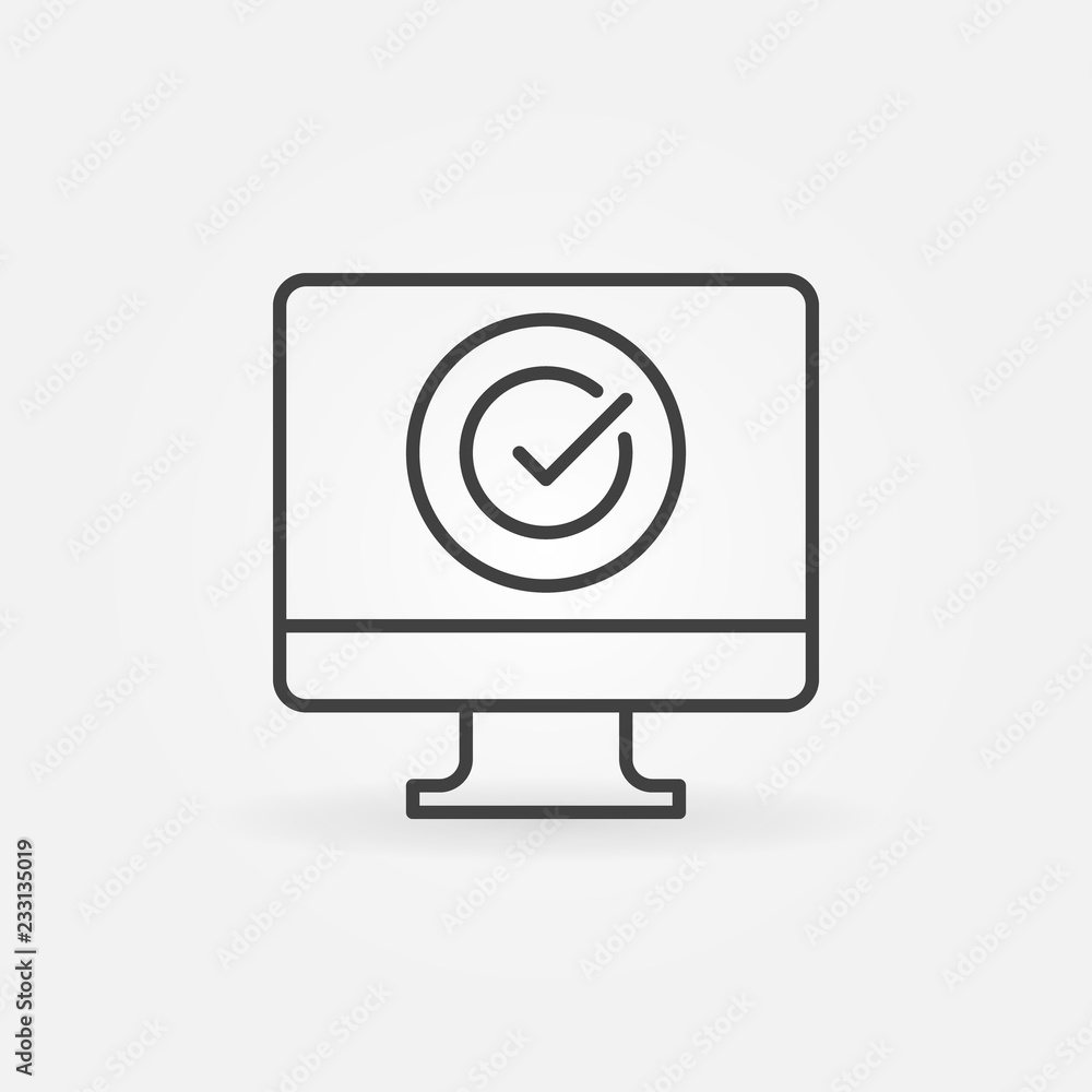 Poster pc with check mark outline icon. vector personal computer with checkmark concept sign in thin line s