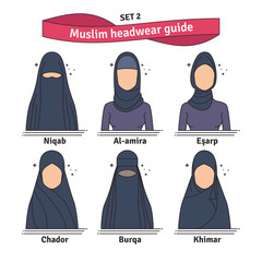 Muslim headwear guide. The set of different types of women headscarves. Vector icon colorful illustration. Set 2.