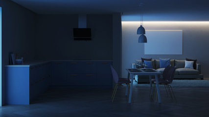 Modern house interior. Blue Kitchen. Night. Evening lighting. 3D rendering.