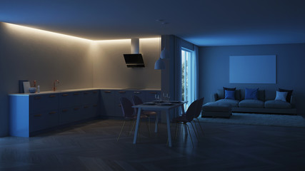 Modern house interior. Blue Kitchen. Night. Evening lighting. 3D rendering.