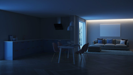 Modern house interior. Blue Kitchen. Night. Evening lighting. 3D rendering.