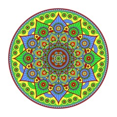 Round beach mat with a bright mandala with a flower pattern.