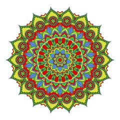 Round bandana print with flowers and leaves. Bright mandala.