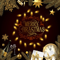 Merry Christmas card with Christmas decorations, gifts, Champagne and clock.