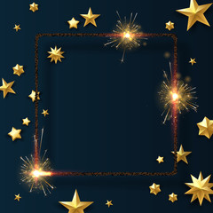Christmas and New Year shiny card with sparklers and golden stars.