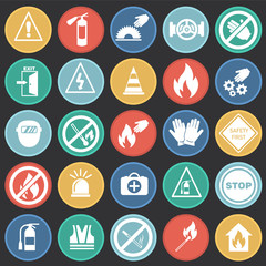 Safety and prohibition signs set on color circels black background icons